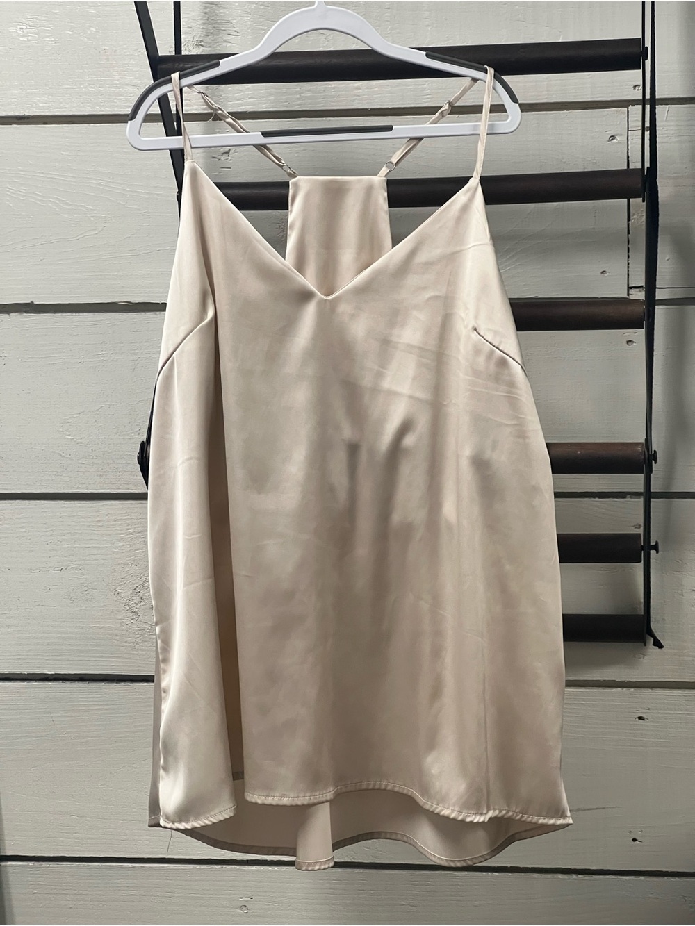 Minimal Satin V-Neck Cami in Light Beige